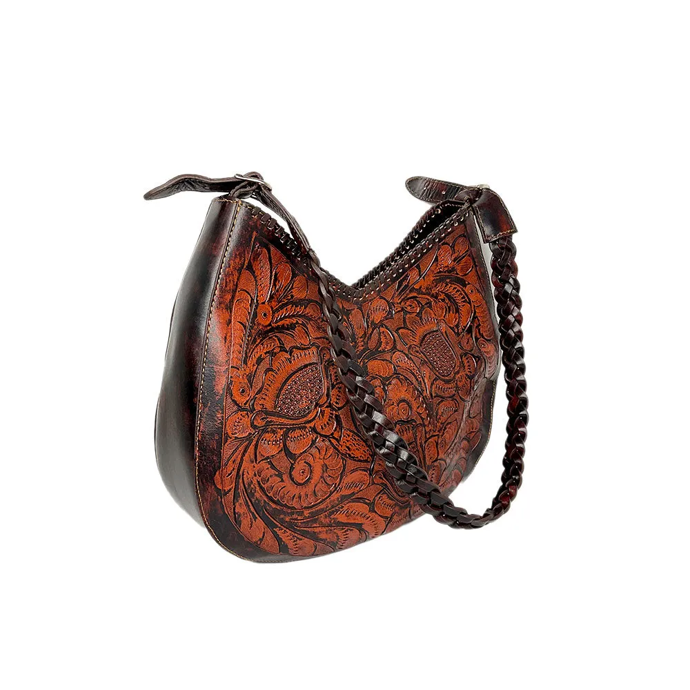 Artisan Tooled Brown Leather Shoulder Bag