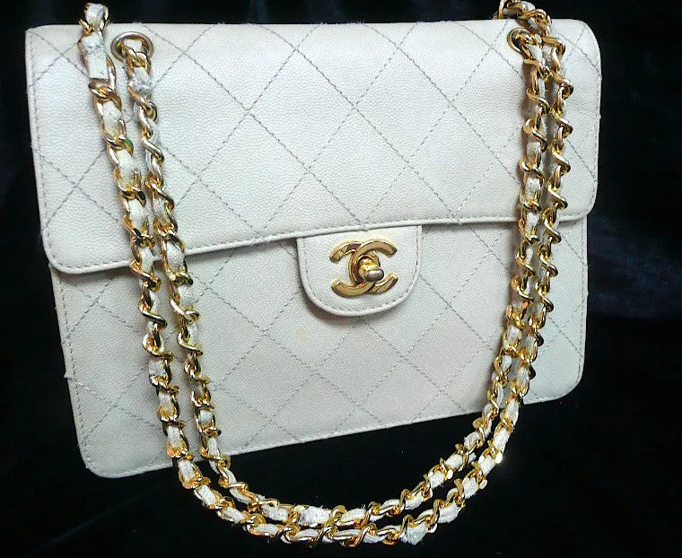 Authentic Chanel Vintage Beige Quilted Caviar 2.55 Flapover