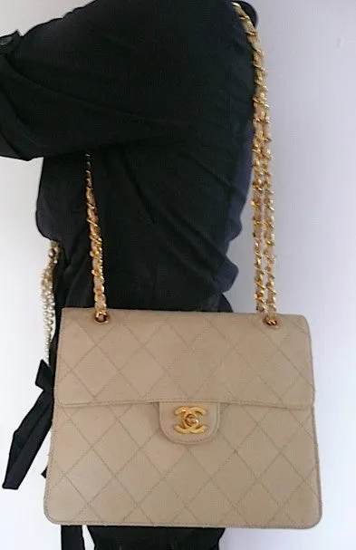 Authentic Chanel Vintage Beige Quilted Caviar 2.55 Flapover