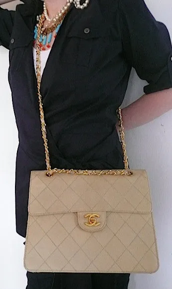 Authentic Chanel Vintage Beige Quilted Caviar 2.55 Flapover