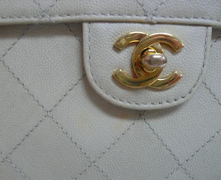 Authentic Chanel Vintage Beige Quilted Caviar 2.55 Flapover