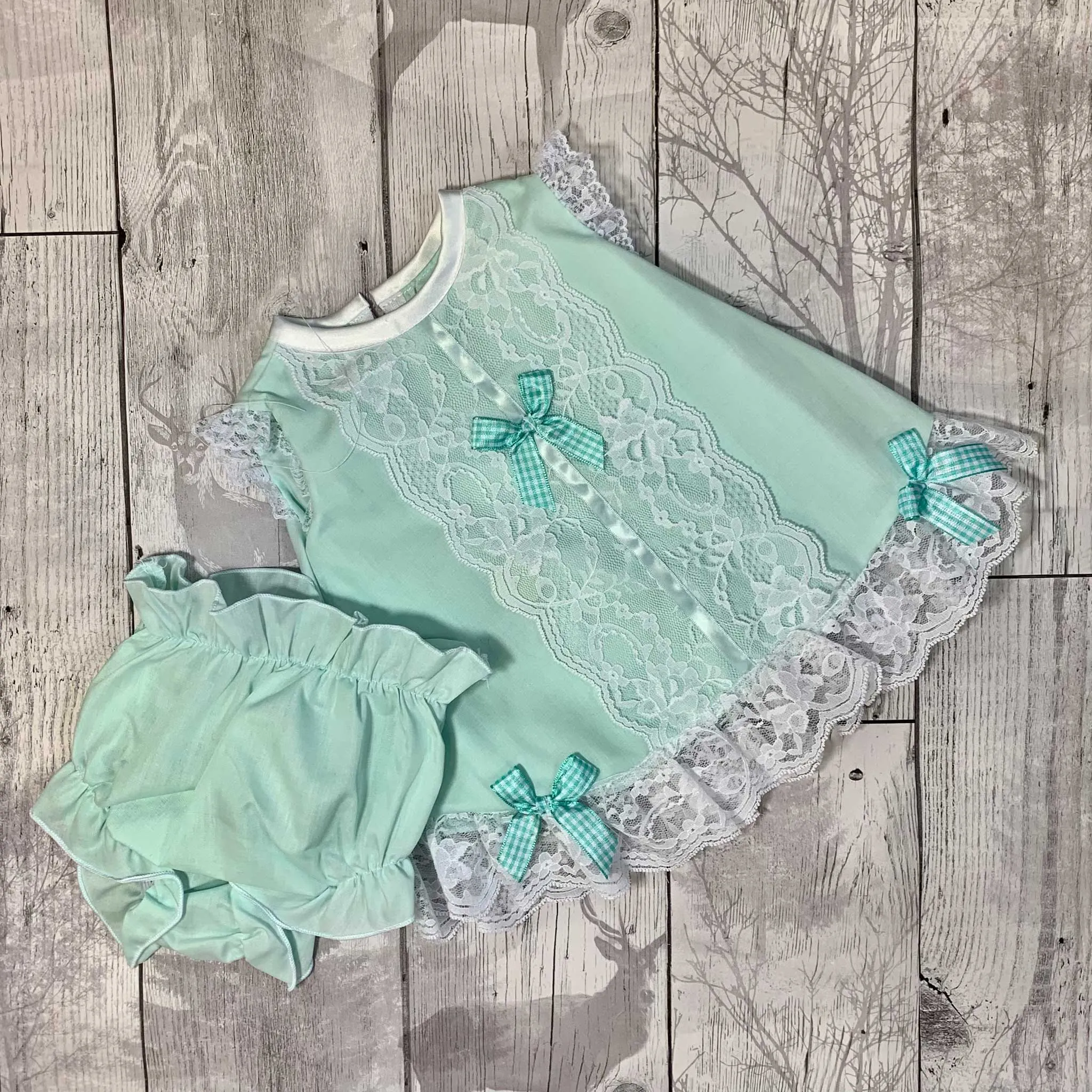 Baby Girl Lace Dress and Bloomers Outfit - Mint