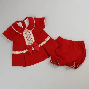 Baby Girls Red Velvet & Gold Trim Dress With Knickers