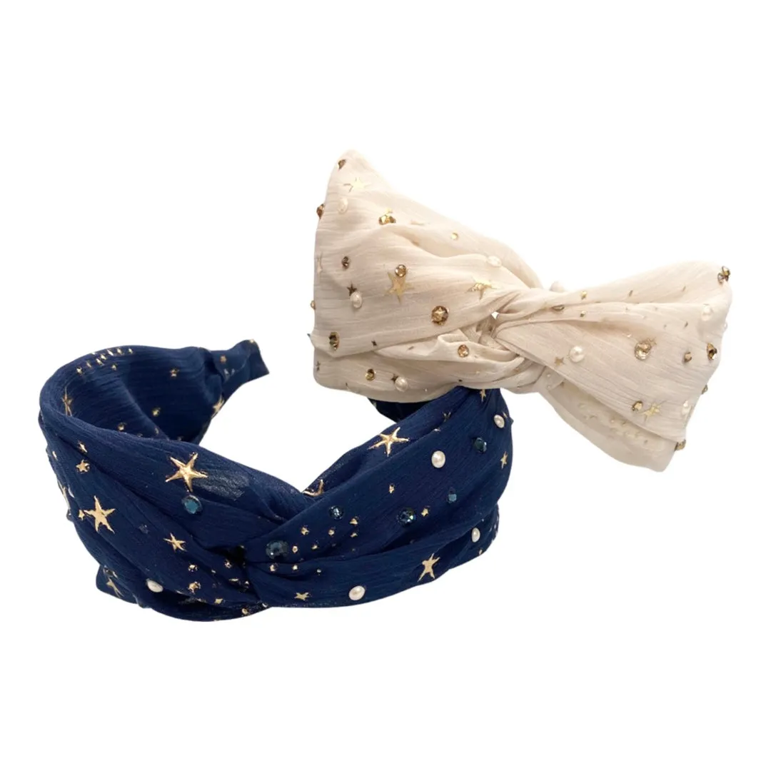 Bari Lynn Gold Stars Twist Headband with Pearls & Crystals