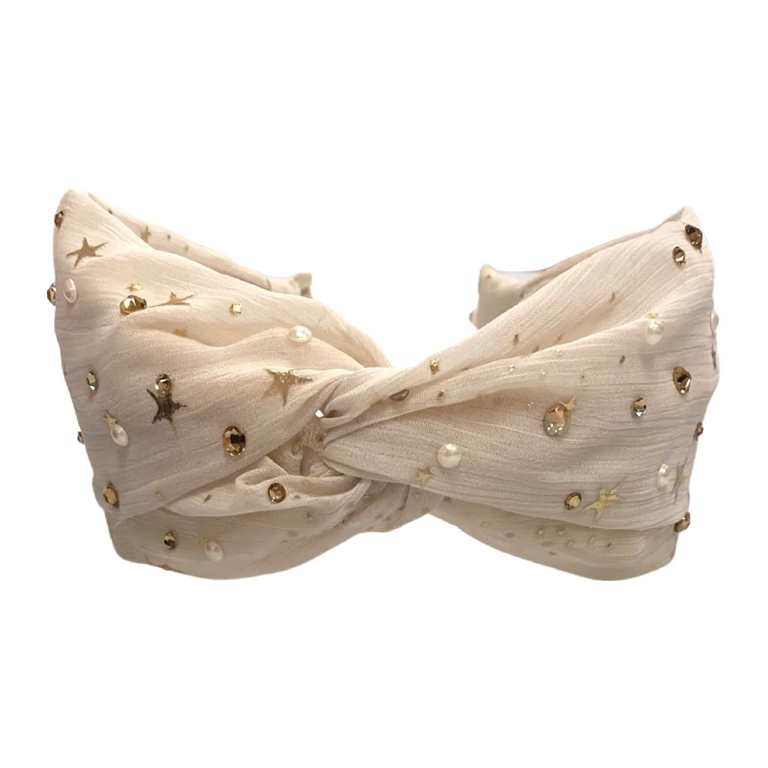 Bari Lynn Gold Stars Twist Headband with Pearls & Crystals