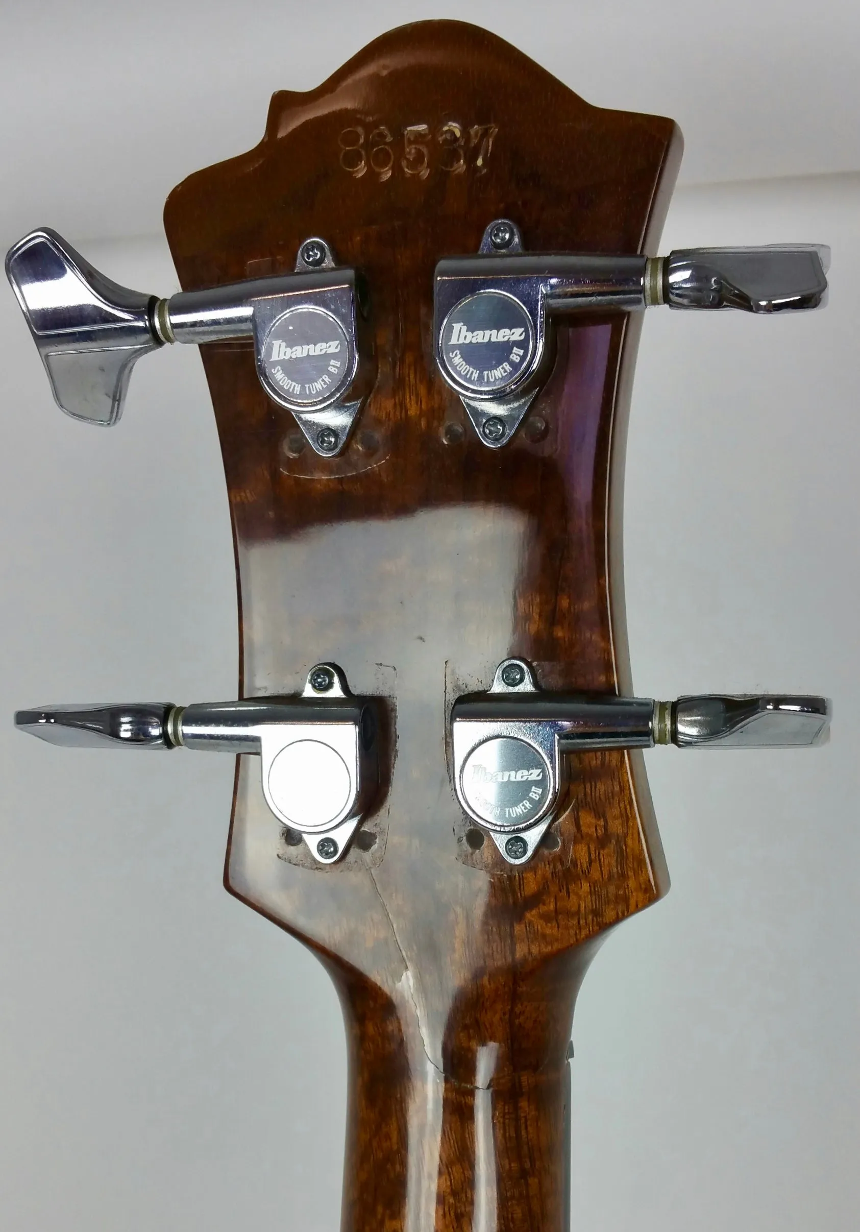 B.C. Rich Mockingbird bass (1980), koa w/maple stringers, headstock repair