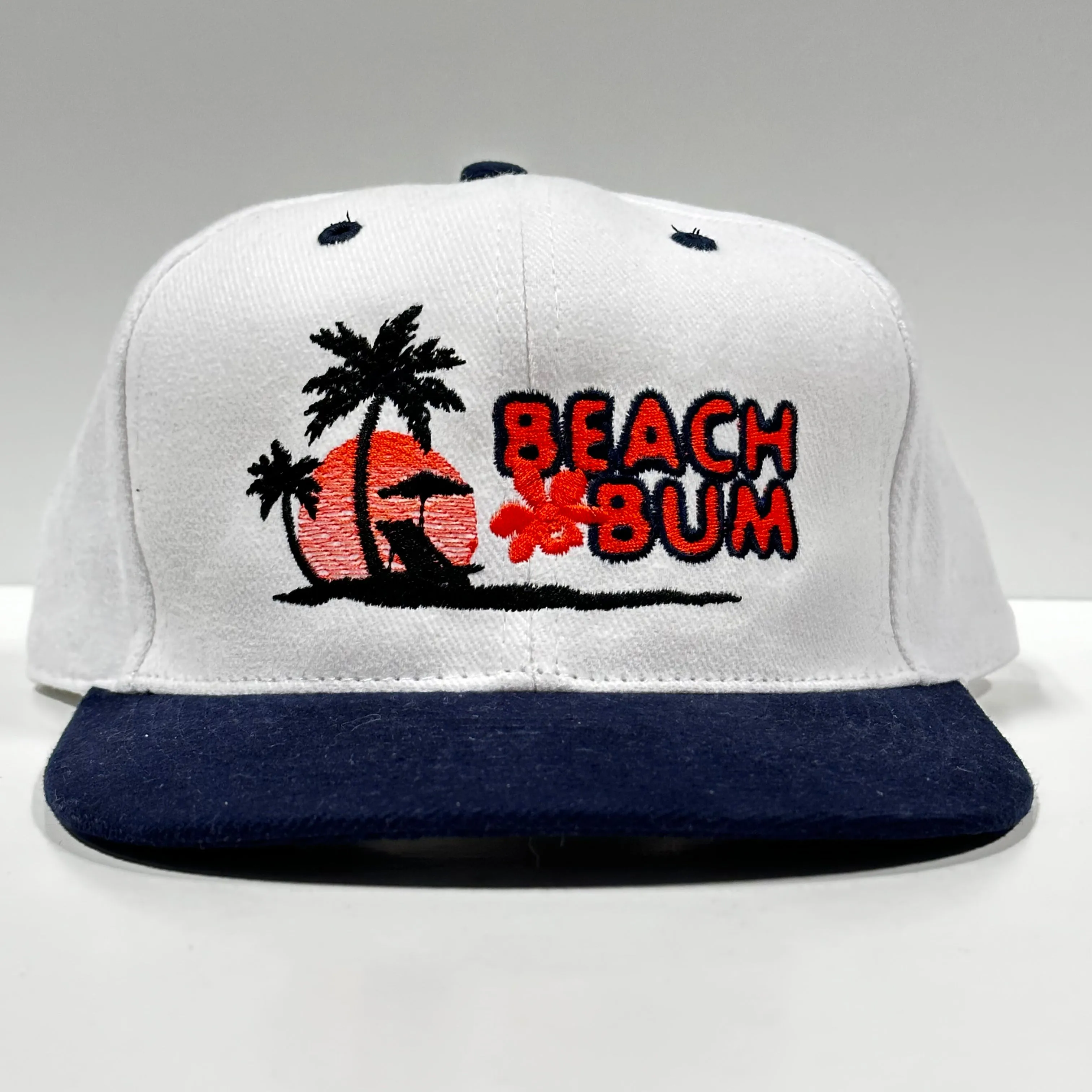 Beach Bum White Crown Navy Brim Strapback Hat Cap Custom Embroidery