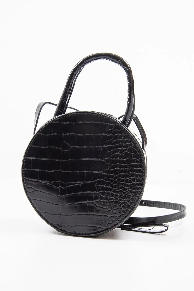 Black Faux Croc Handle Round Cross Body Bag - Lashea