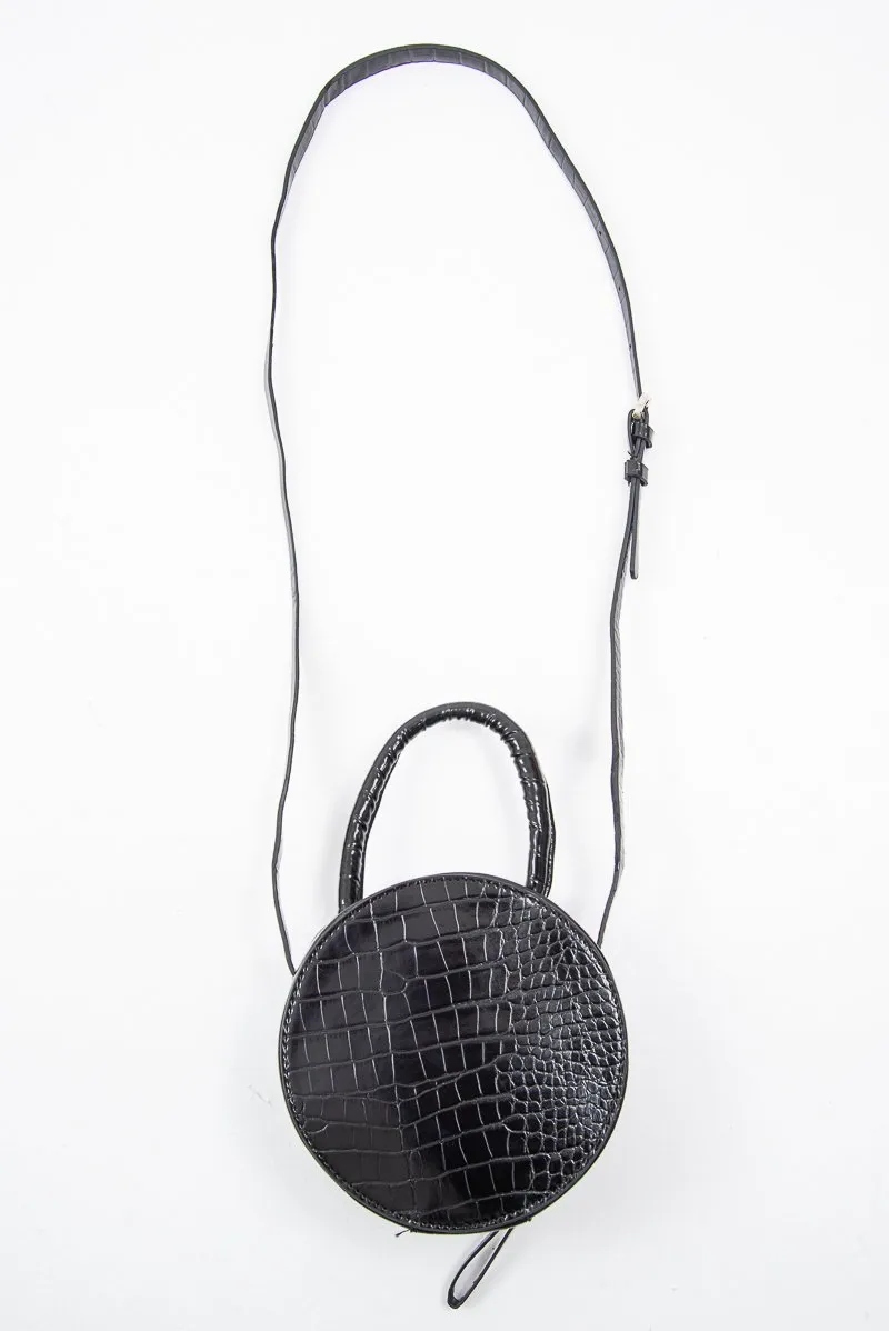 Black Faux Croc Handle Round Cross Body Bag - Lashea