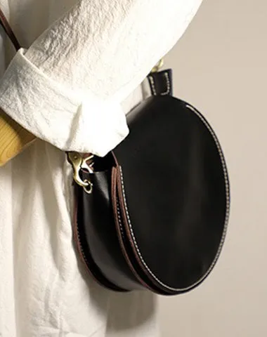 Black Handmade Women Circle Bag Leather Round Bag Cute Round Purse Round Crossbody Bag