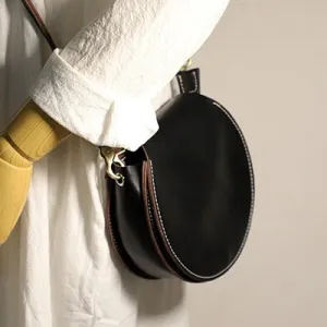 Black Handmade Women Circle Bag Leather Round Bag Cute Round Purse Round Crossbody Bag