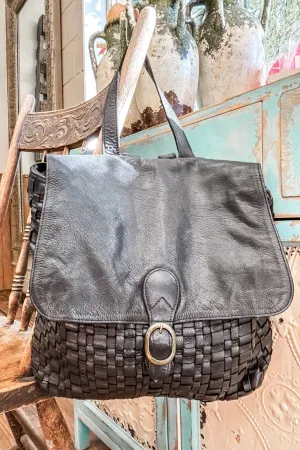 Black Leather Woven Envelope Backpack