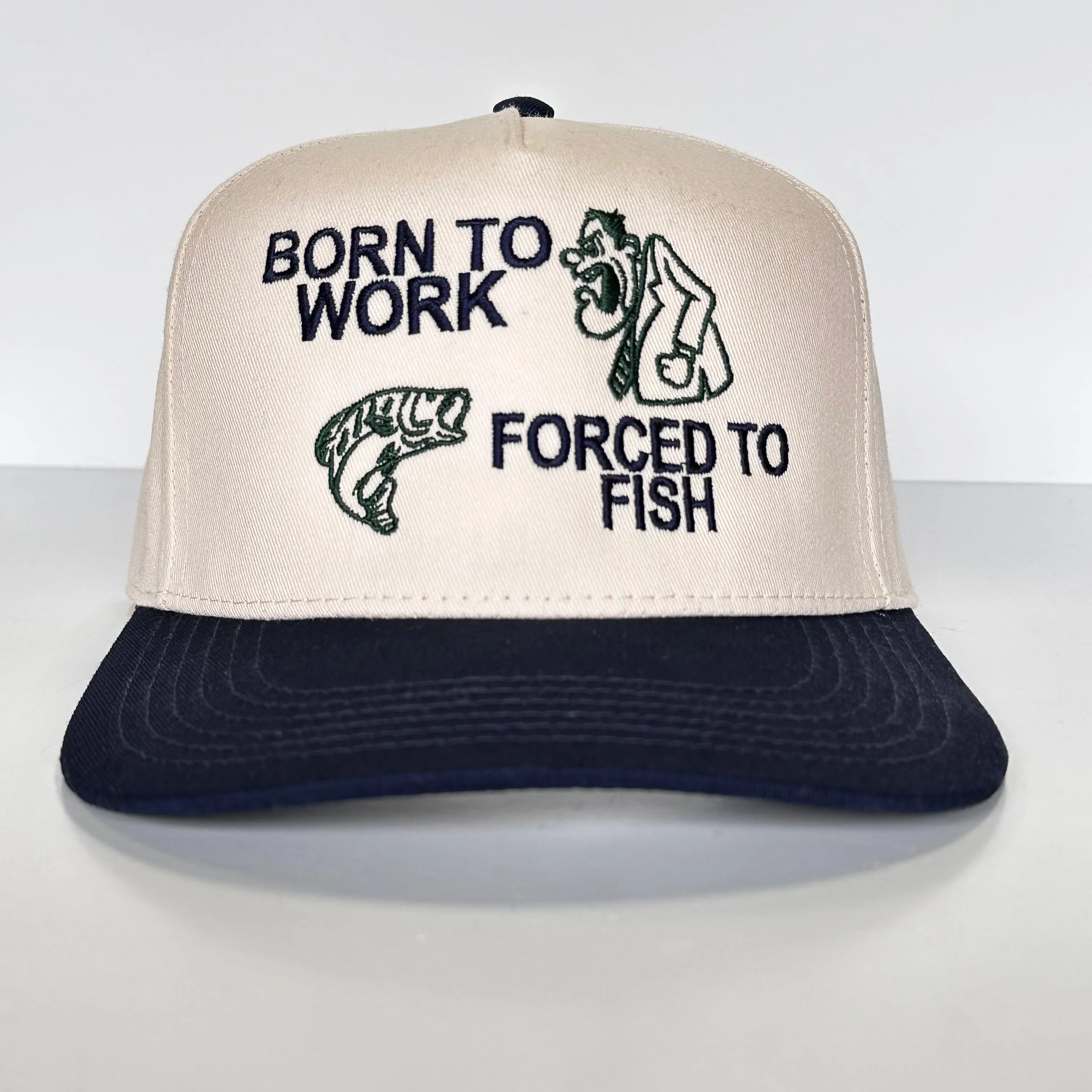 BORN TO WORK FORCED TO FISH Trucker SnapBack Tan Navy Blue Brim Funny Fishing Hat Custom Embroidered