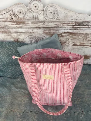 Brigitte Tote bag Large Quilted Cotton Tote Bag | Pink Block Print Shoulder Bag | Boho Beach Bag | Handmade Travel Bag