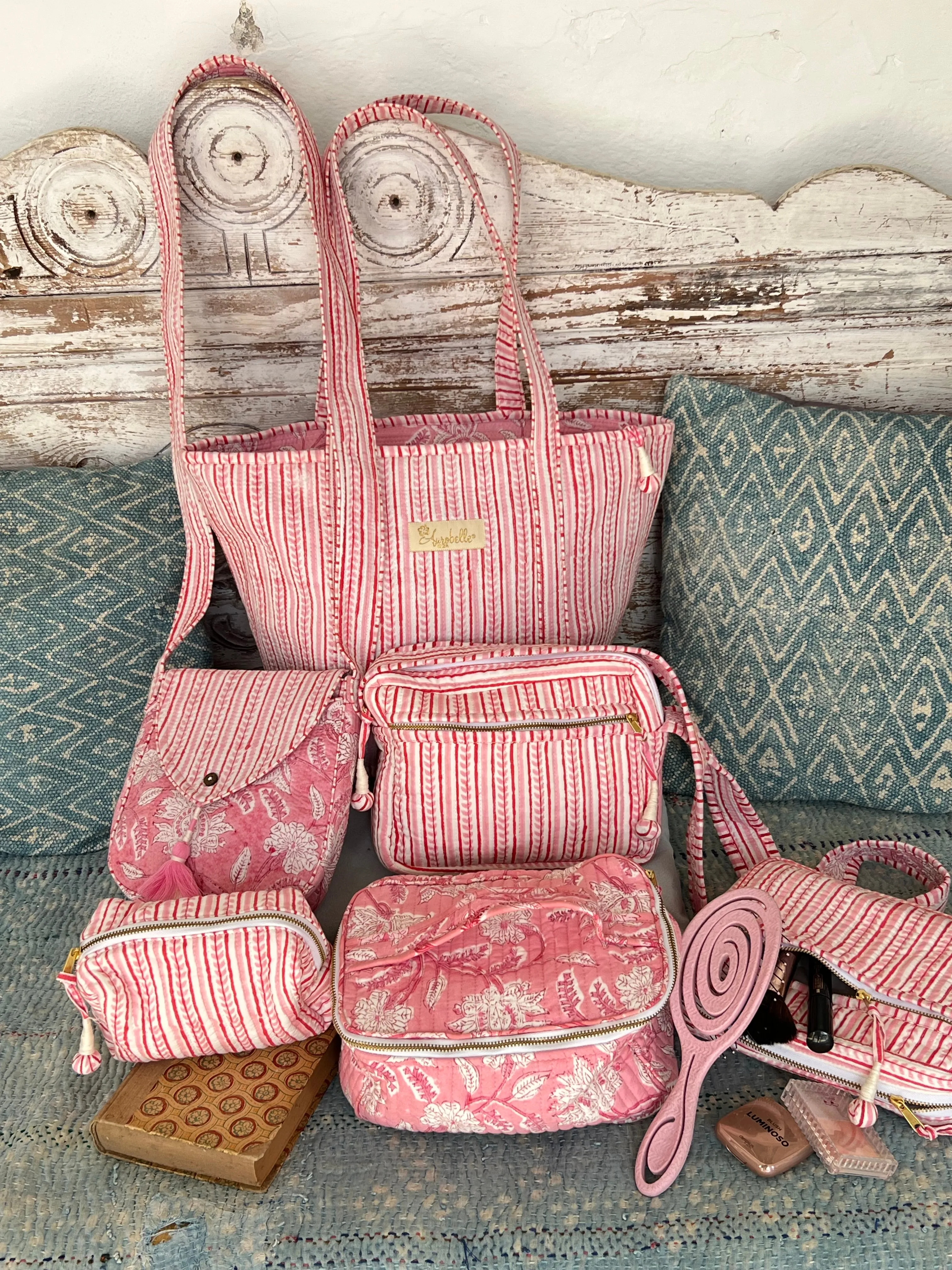 Brigitte Tote bag Large Quilted Cotton Tote Bag | Pink Block Print Shoulder Bag | Boho Beach Bag | Handmade Travel Bag