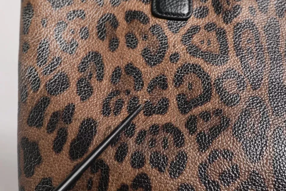 Brown Black Calfskin Leopard Print Shoulder Tote Bag