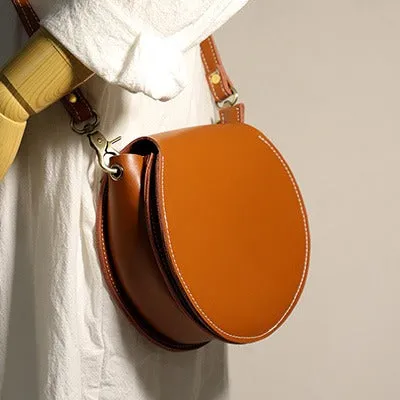 Brown Leather Round Bag Handmade Women Circle Bag Cute Round Purse Round Crossbody Bag