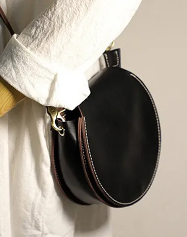 Brown Leather Round Bag Handmade Women Circle Bag Cute Round Purse Round Crossbody Bag