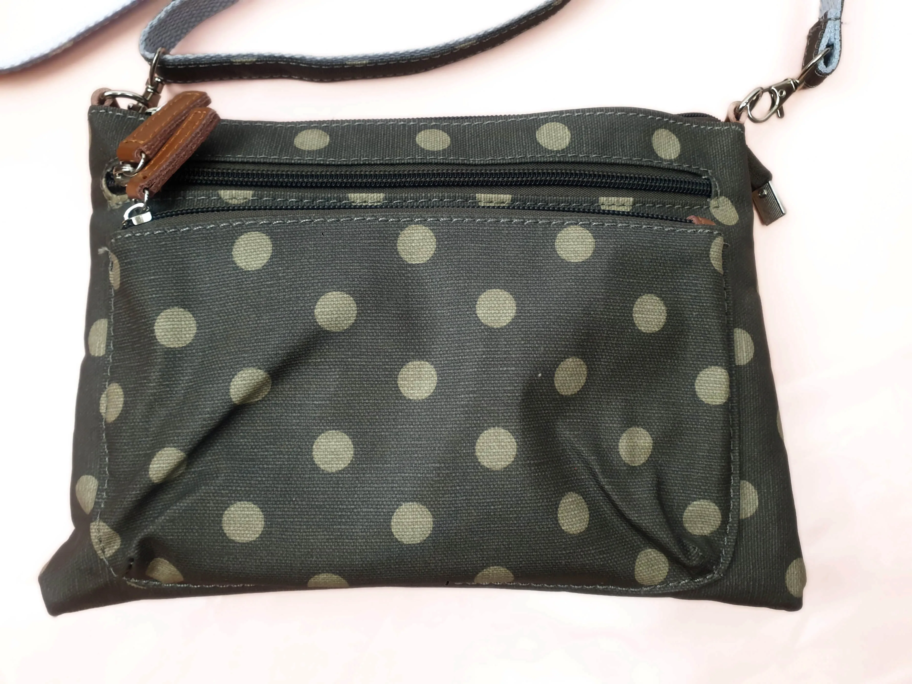 Brown polka dot fabric mini bag