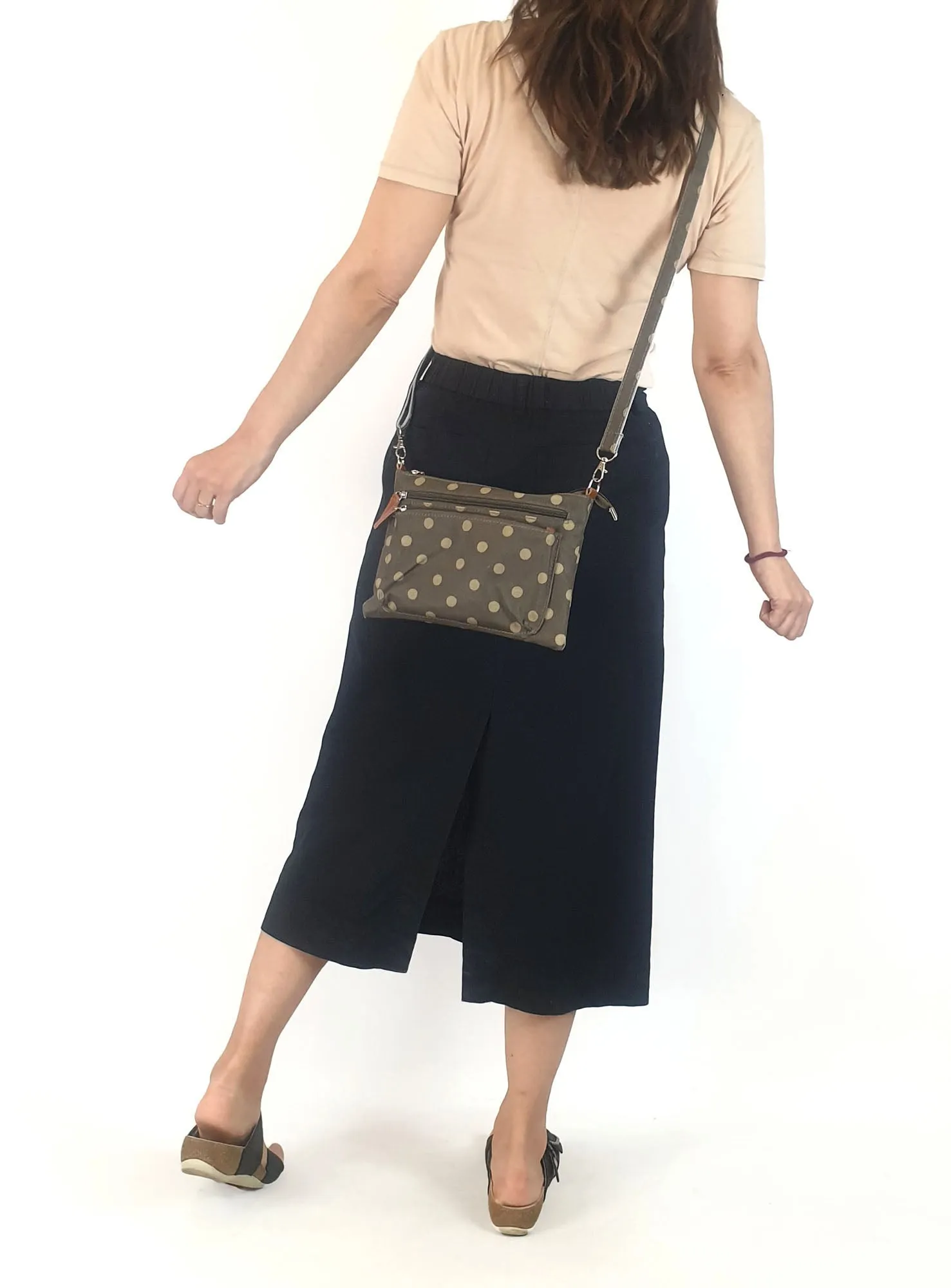 Brown polka dot fabric mini bag