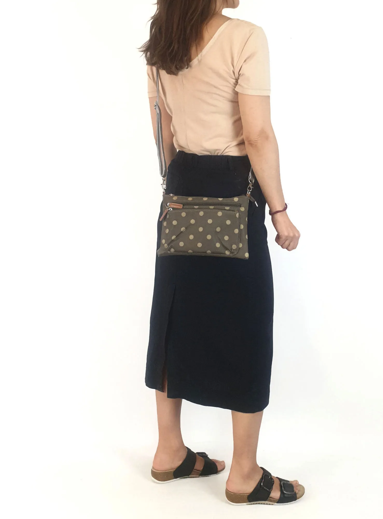 Brown polka dot fabric mini bag