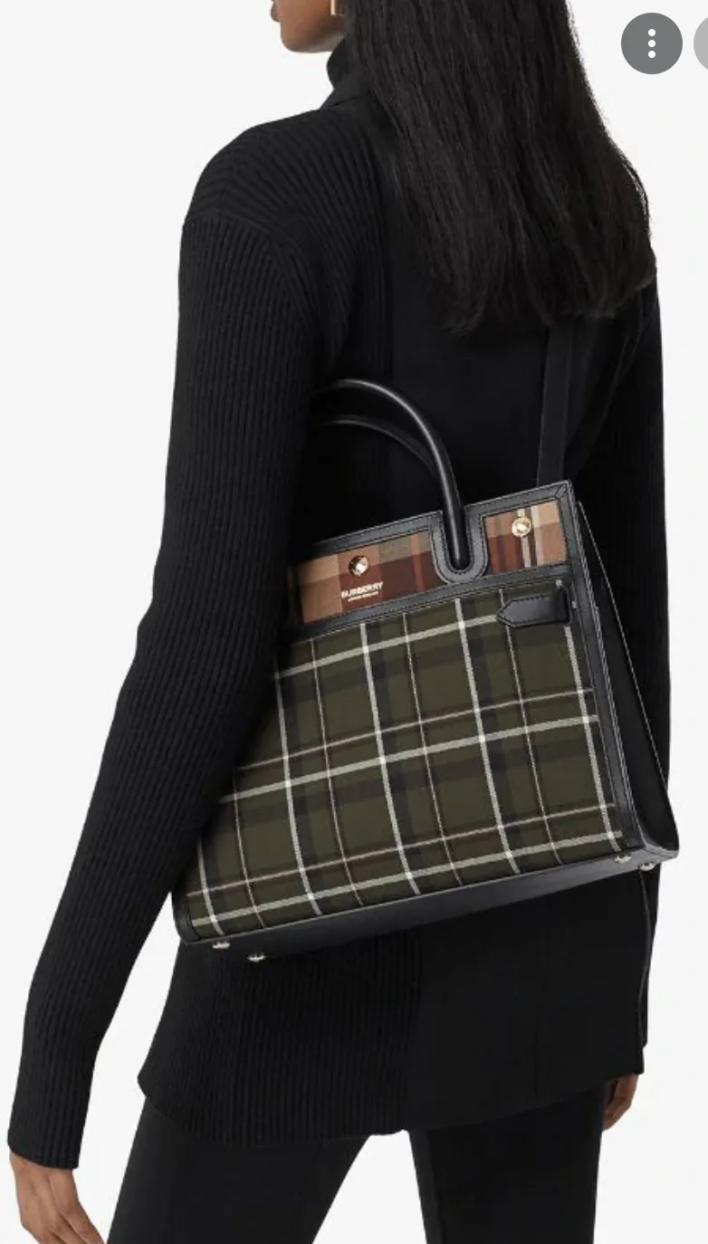 Burberry Wool Tartan Two Handle Title Green Handbag Leather Italy Bag New