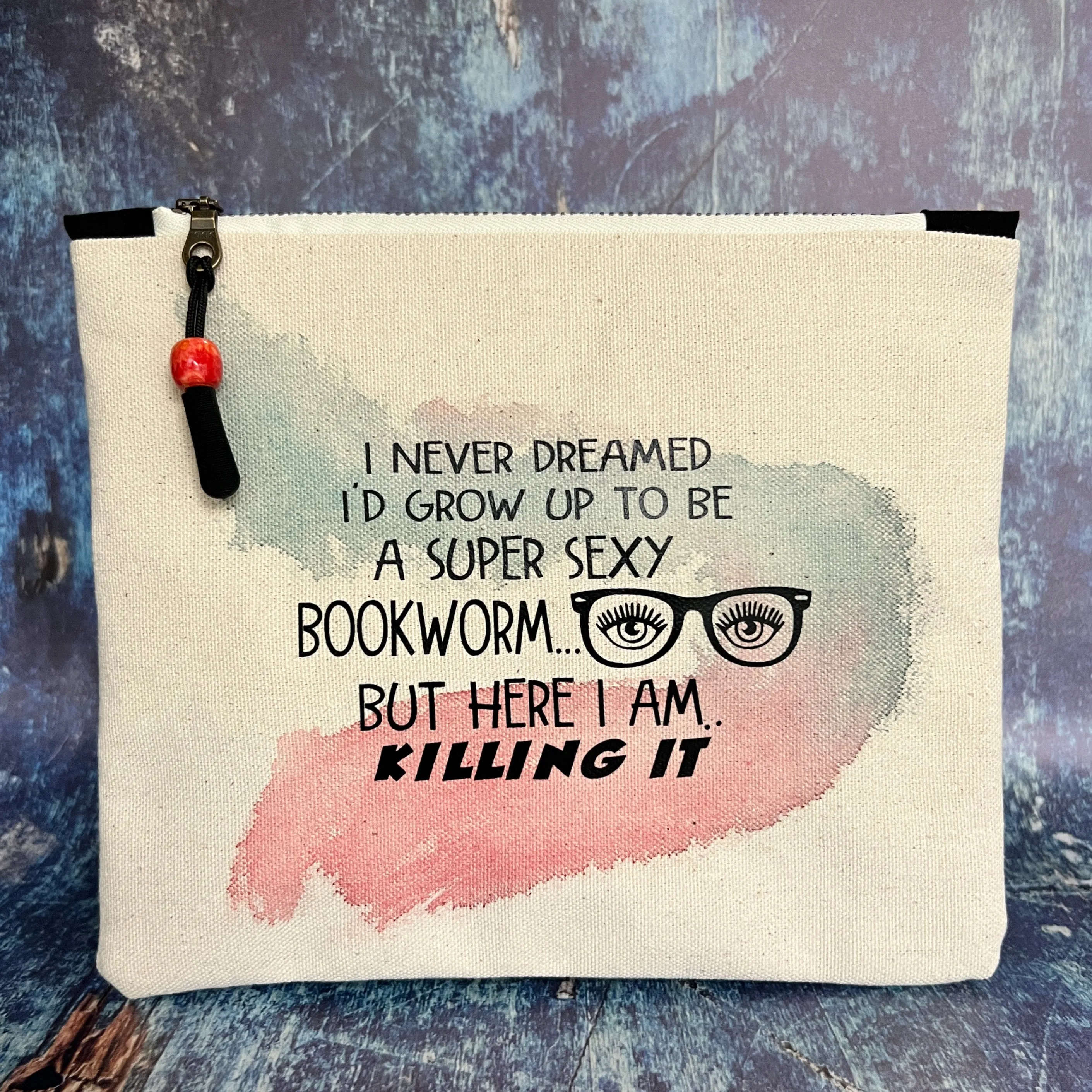 Canvas zip bag painted LARGE - super sexy bookworm