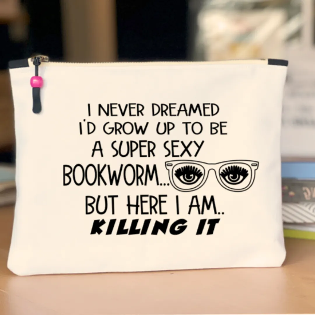 Canvas zip bag painted LARGE - super sexy bookworm