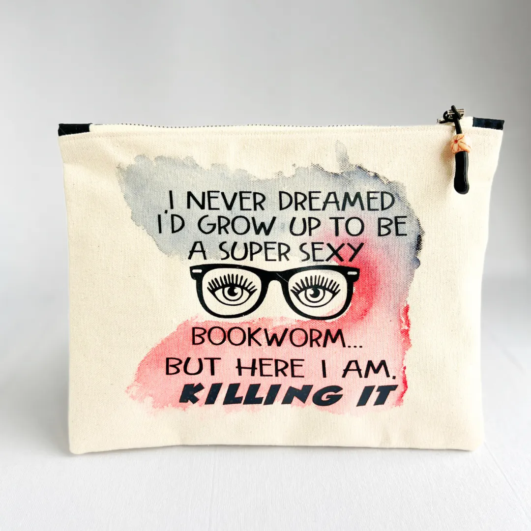 Canvas zip bag painted LARGE - super sexy bookworm