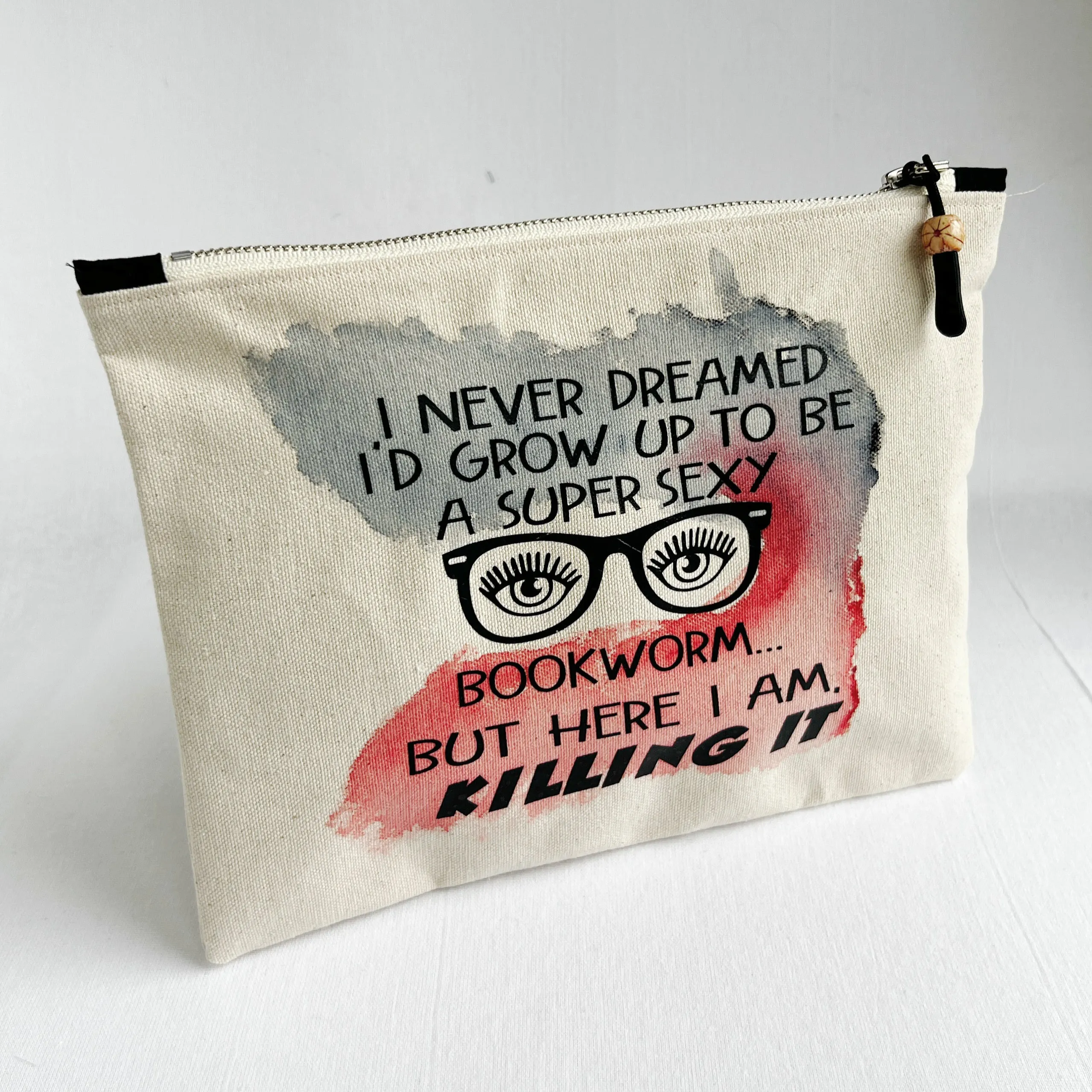 Canvas zip bag painted LARGE - super sexy bookworm