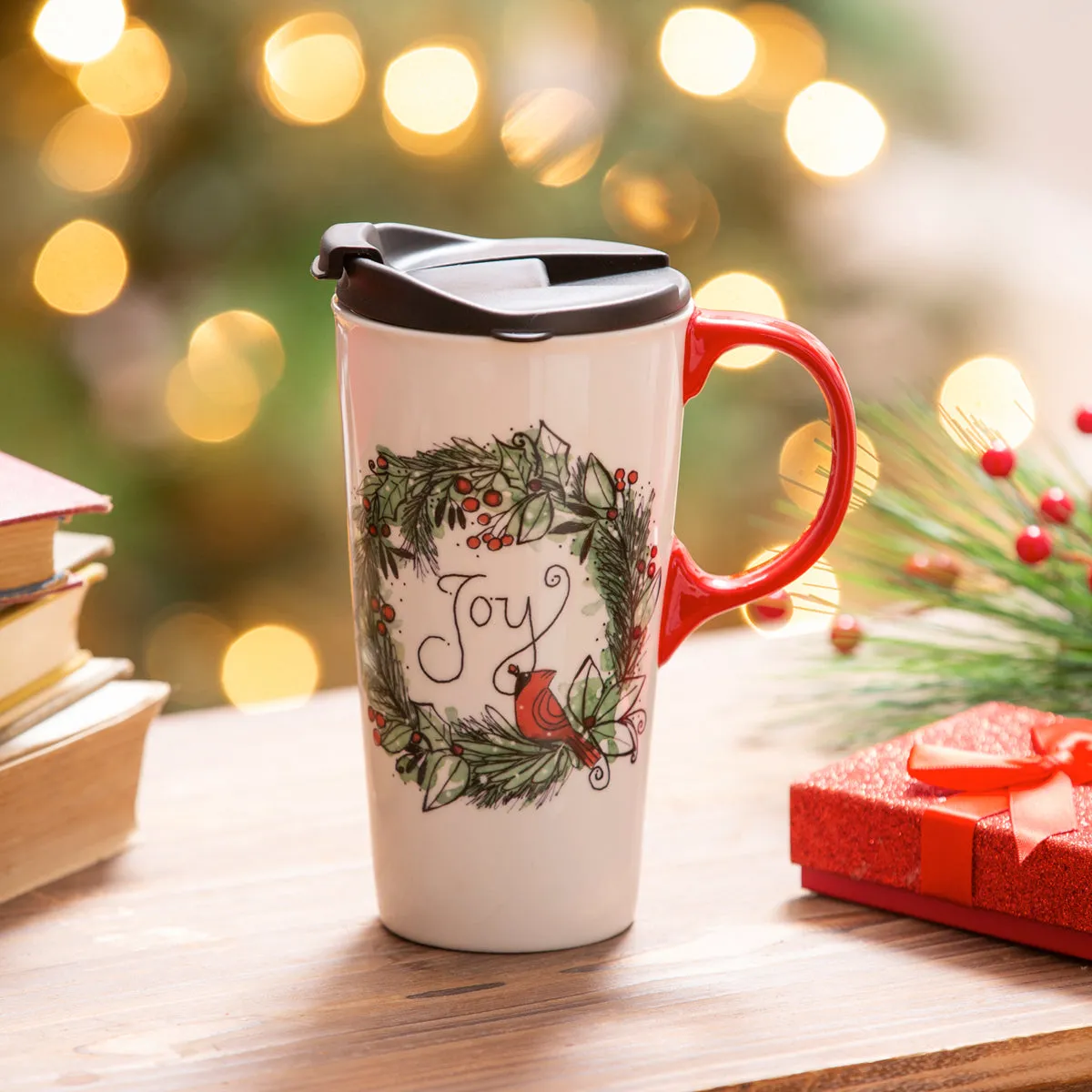 Cardinal in Wreath Ceramic Travel Cup, 17oz., w/ Gift Box