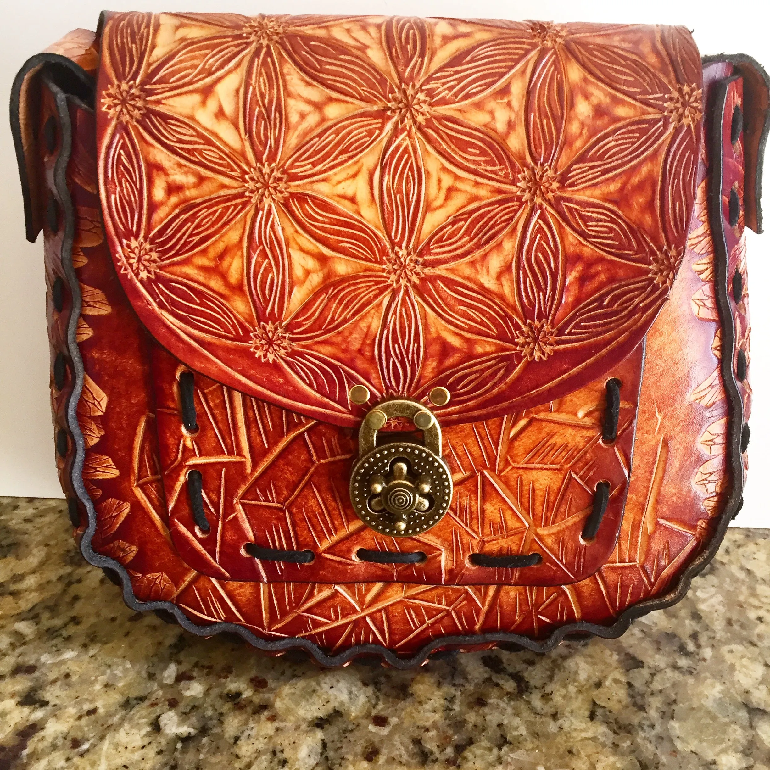 Carved Leather Purse Large Round - Miscellaneous Designs