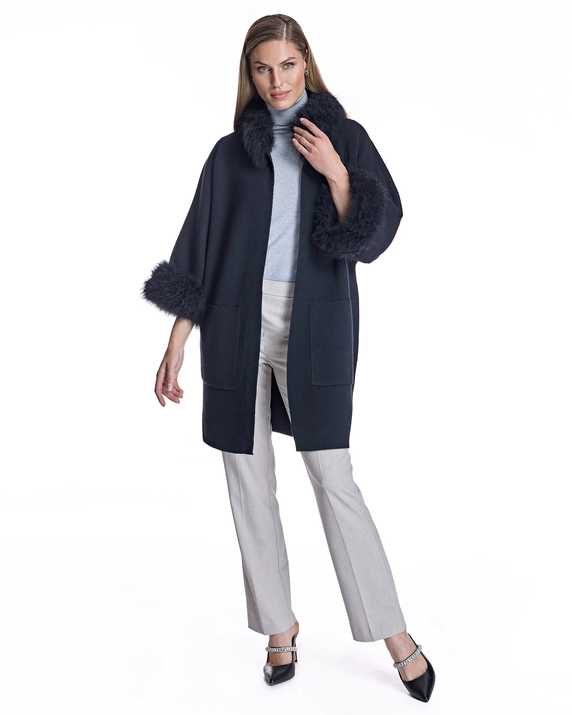 Cashmere Kimono with Cashmere Goat Trim