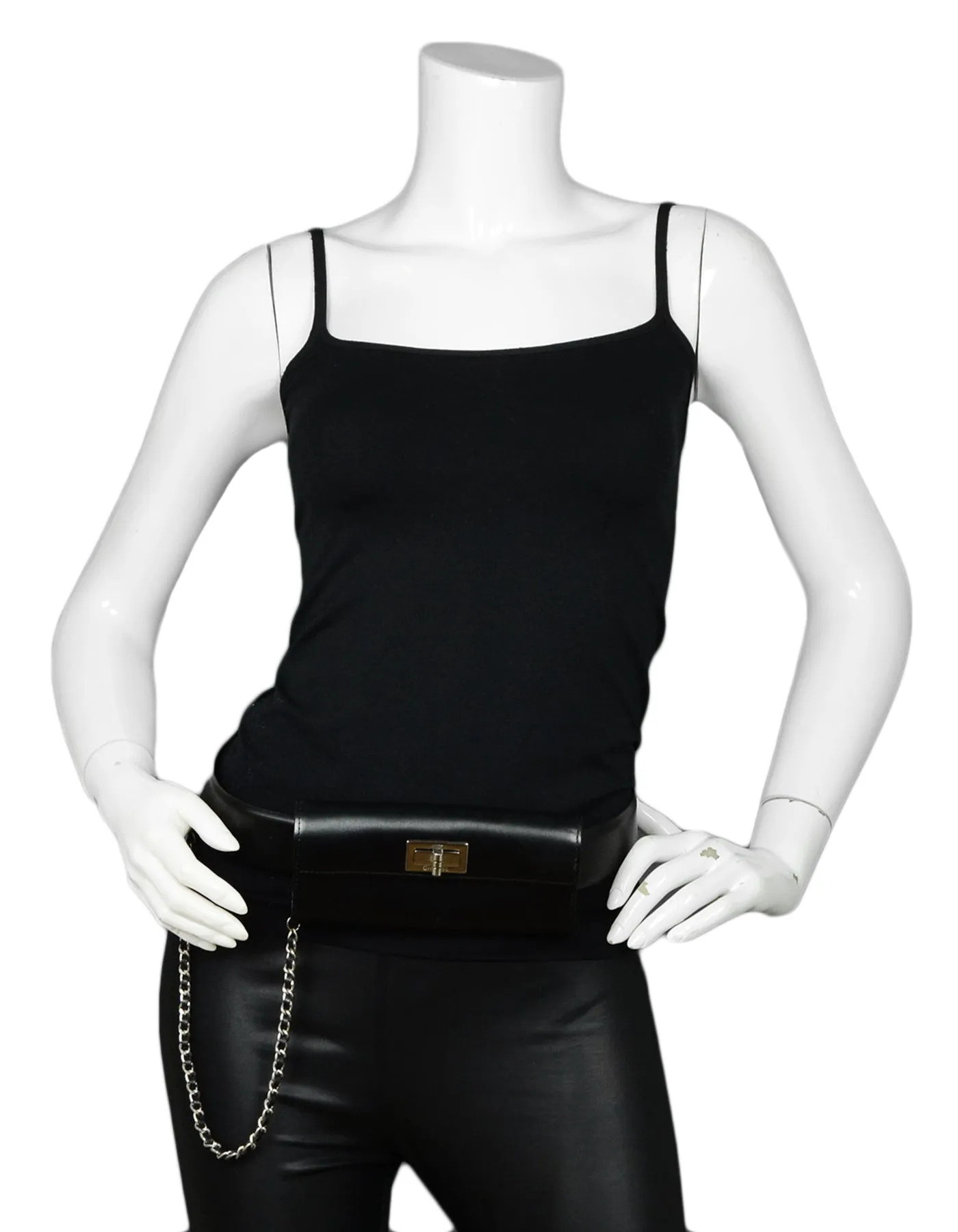 Chanel Black Smooth Leather 2.55 Reissue Lock Belt Bag w/ Chain