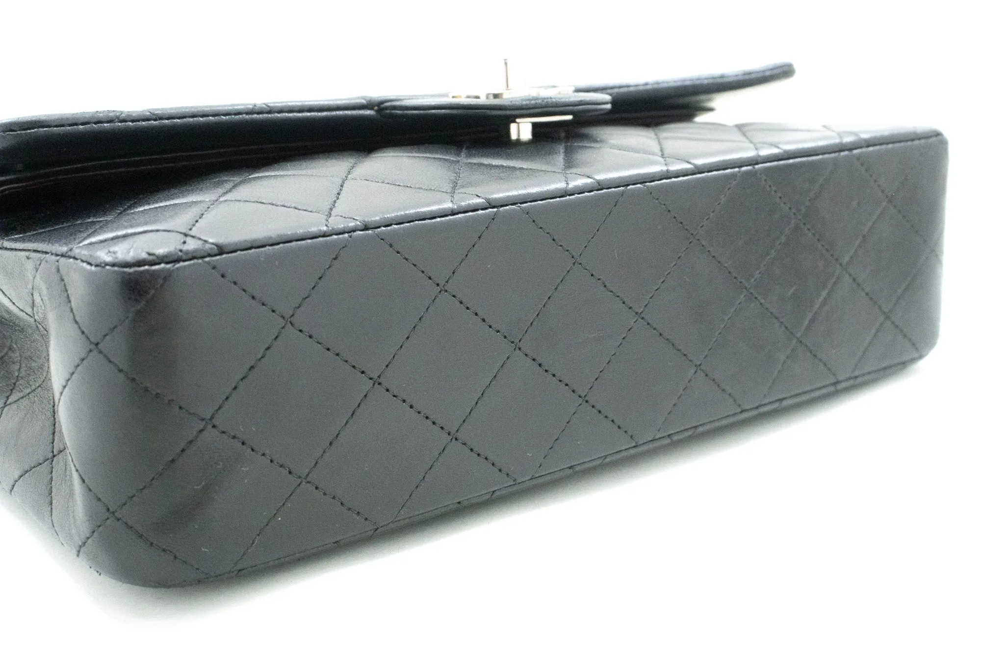 CHANEL Classic Double Flap 10" Chain Shoulder Bag Black Lambskin m73