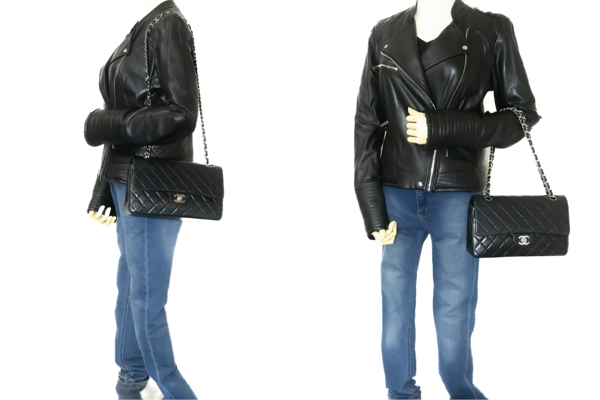 CHANEL Classic Double Flap 10" Chain Shoulder Bag Black Lambskin m73