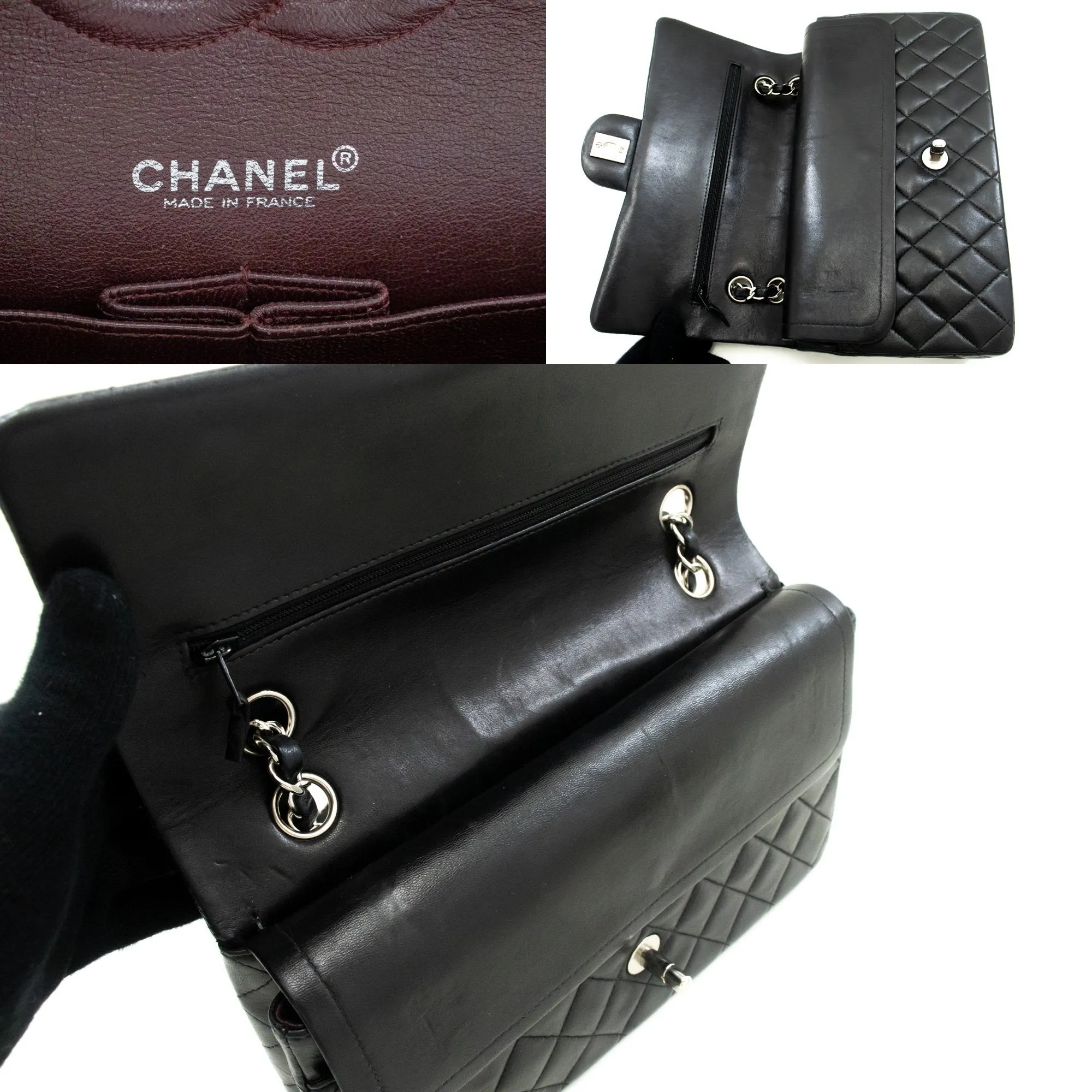 CHANEL Classic Double Flap 10" Chain Shoulder Bag Black Lambskin m73