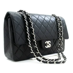 CHANEL Classic Double Flap 10" Chain Shoulder Bag Black Lambskin m73