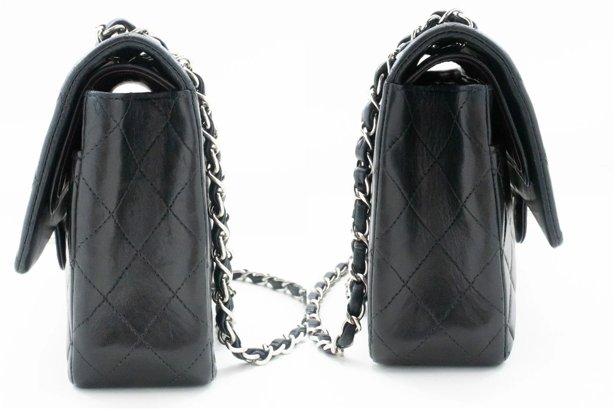 CHANEL Classic Double Flap 10" Chain Shoulder Bag Black Lambskin m73