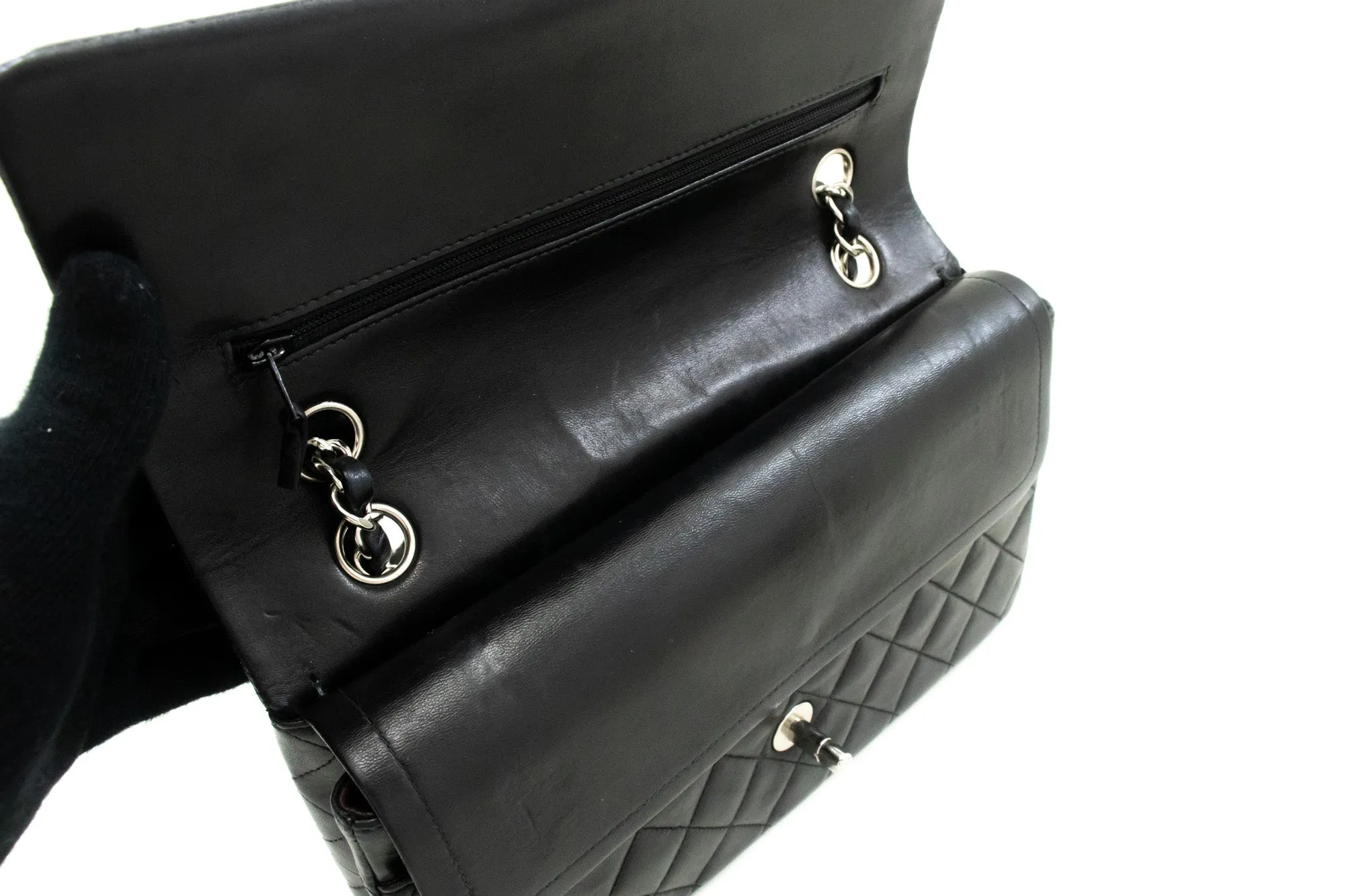 CHANEL Classic Double Flap 10" Chain Shoulder Bag Black Lambskin m73