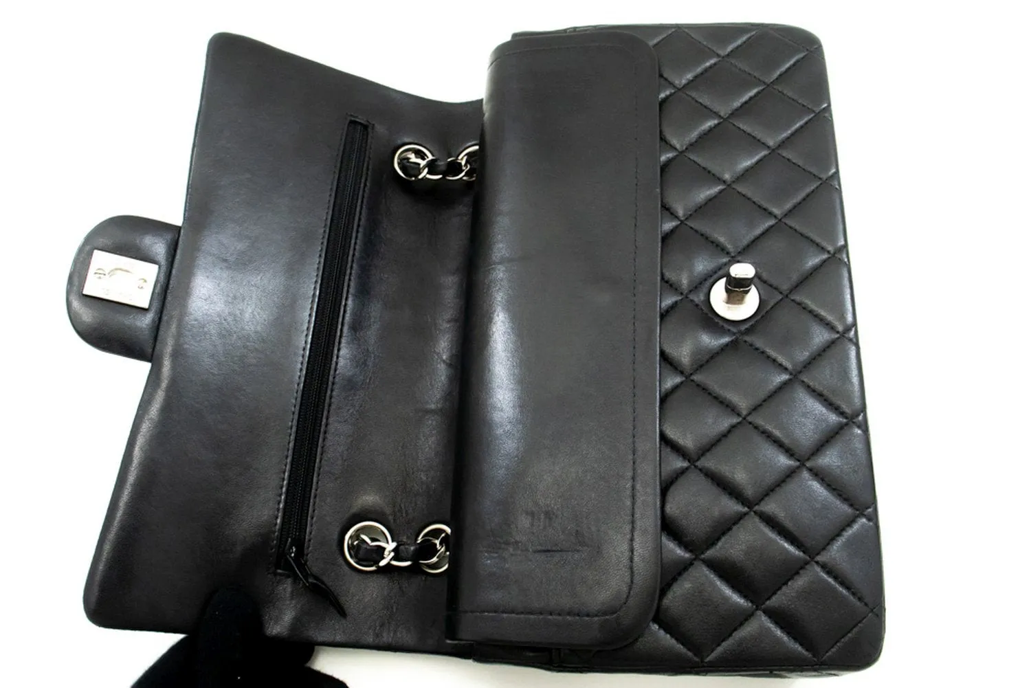 CHANEL Classic Double Flap 10" Chain Shoulder Bag Black Lambskin m73