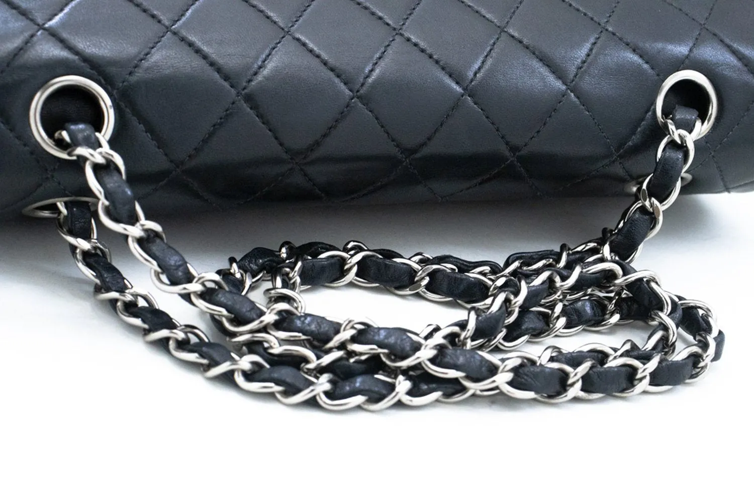 CHANEL Classic Double Flap 10" Chain Shoulder Bag Black Lambskin m73