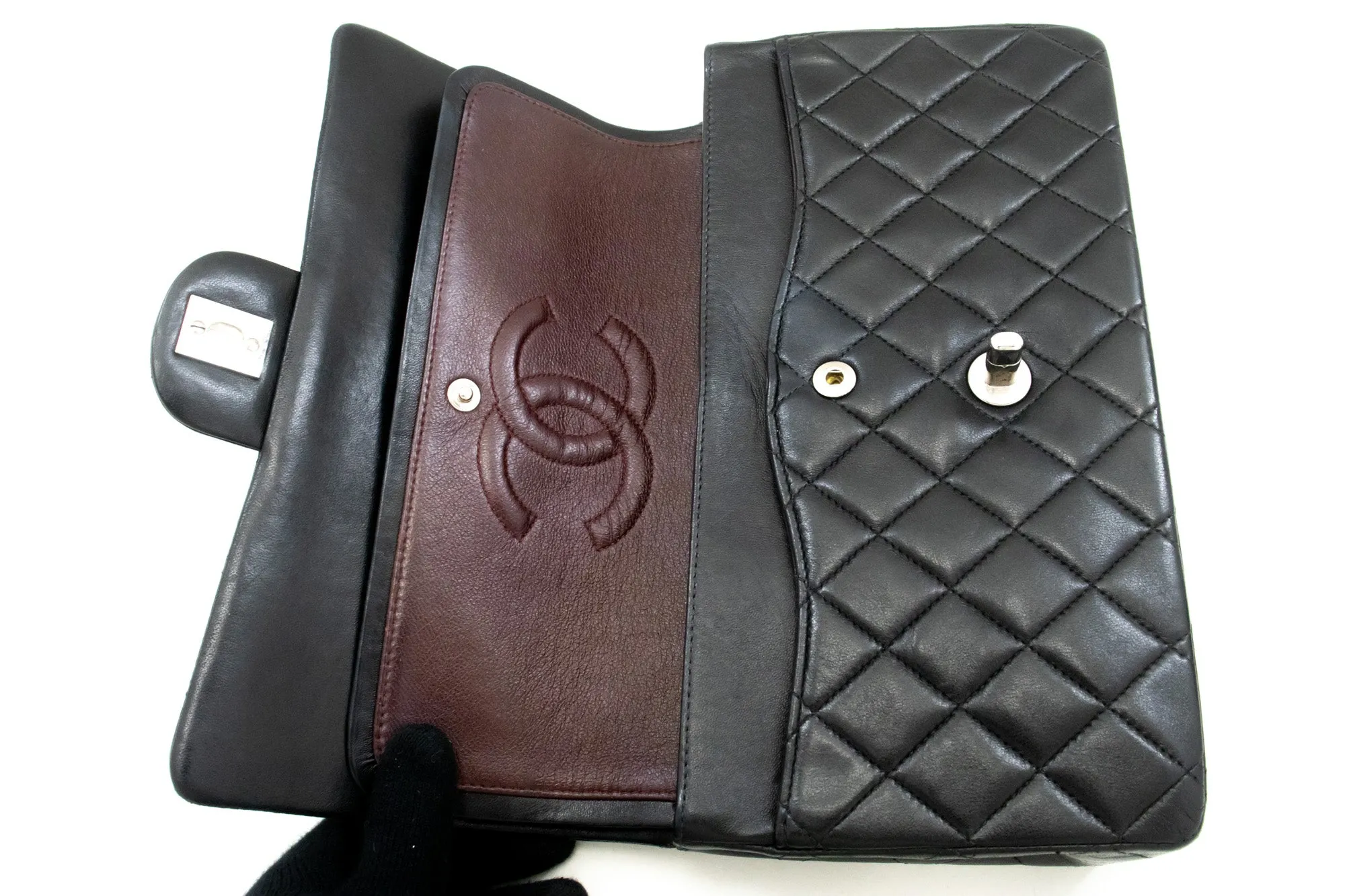 CHANEL Classic Double Flap 10" Chain Shoulder Bag Black Lambskin m73