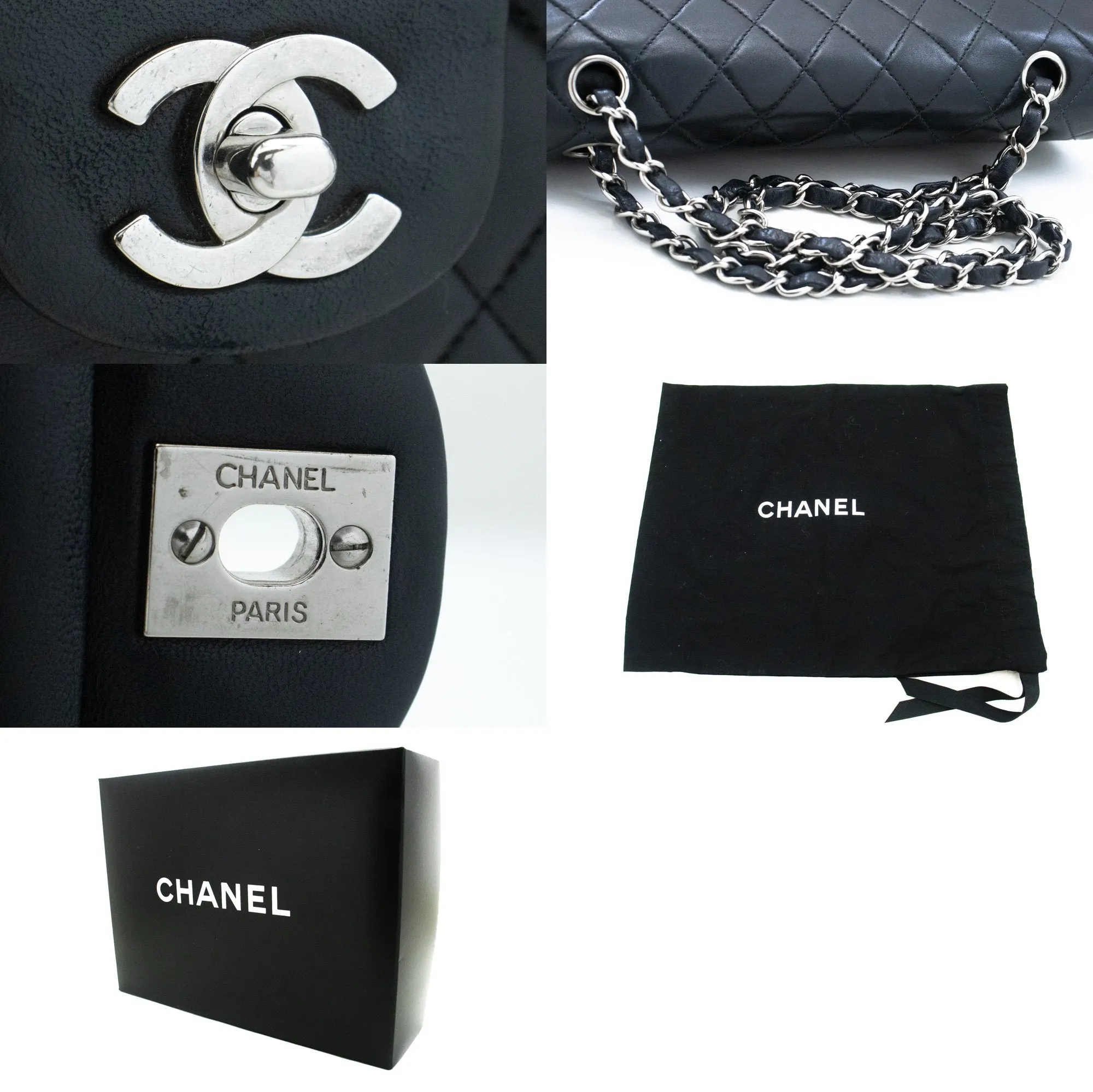 CHANEL Classic Double Flap 10" Chain Shoulder Bag Black Lambskin m73