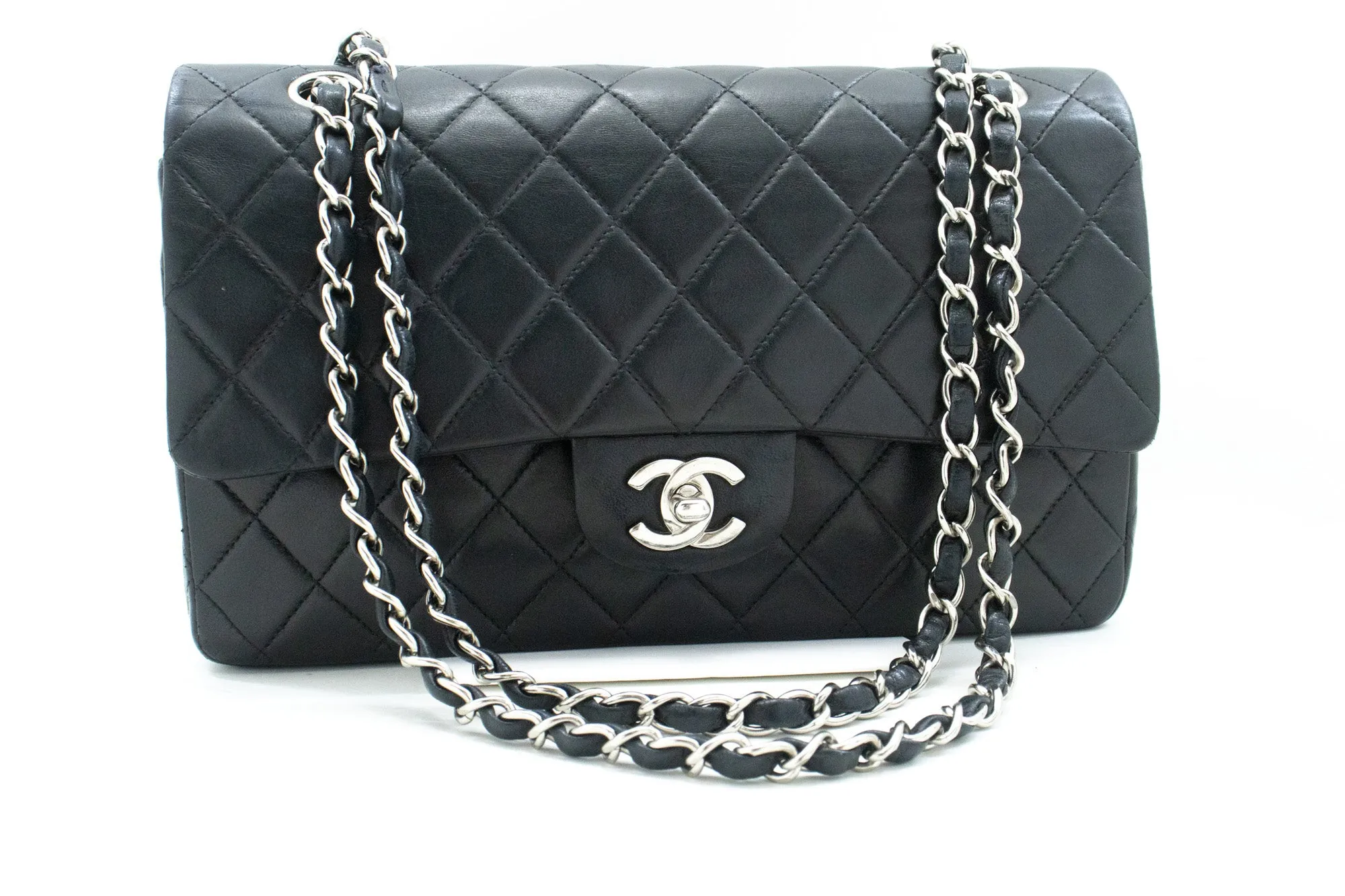 CHANEL Classic Double Flap 10" Chain Shoulder Bag Black Lambskin m73
