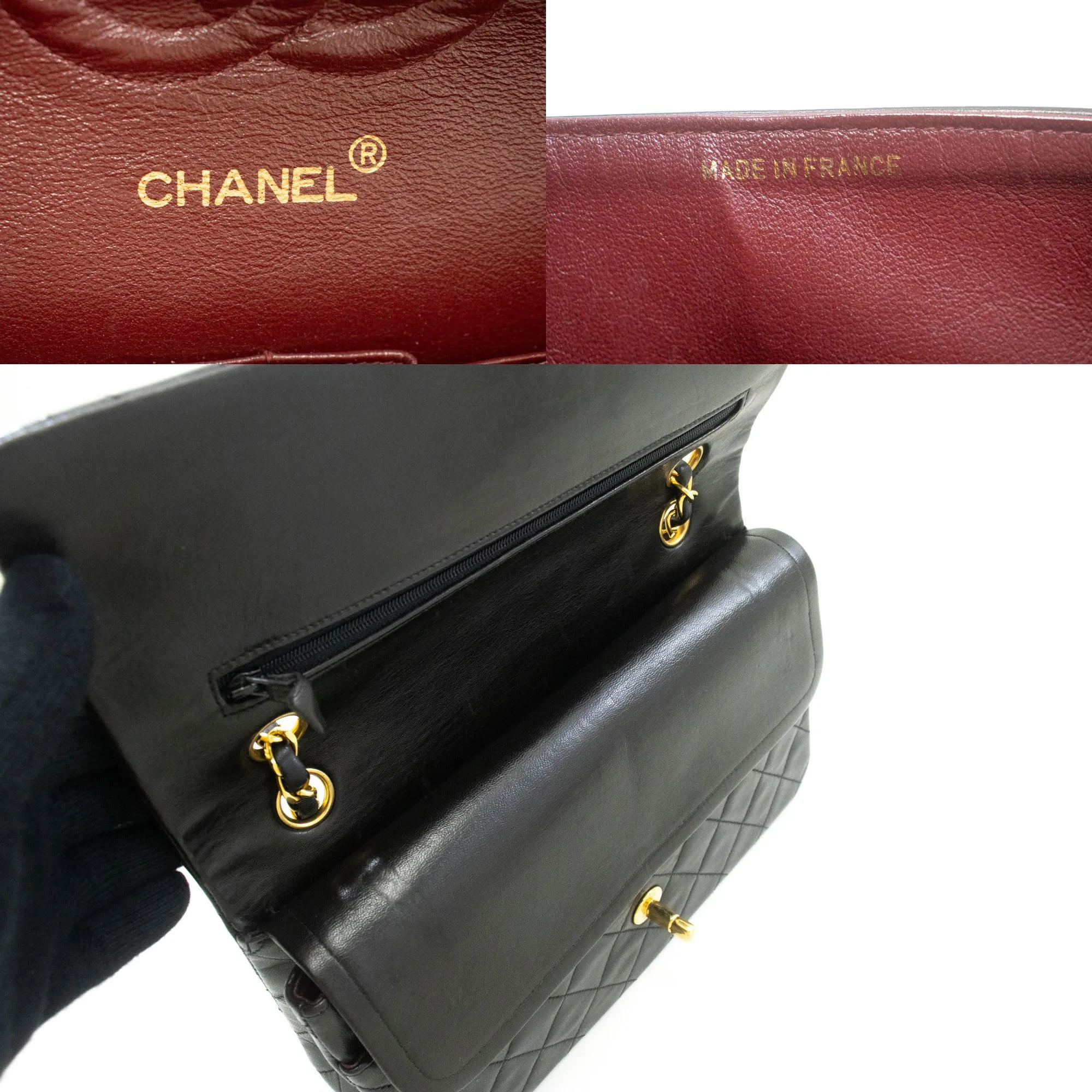 CHANEL Classic Double Flap 10" Chain Shoulder Bag Black Lambskin p59