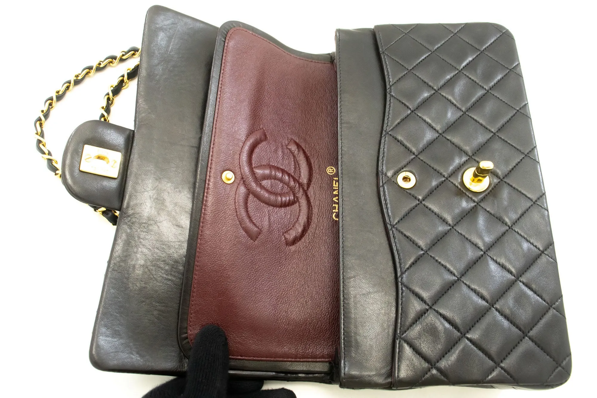 CHANEL Classic Double Flap 10" Chain Shoulder Bag Black Lambskin p59