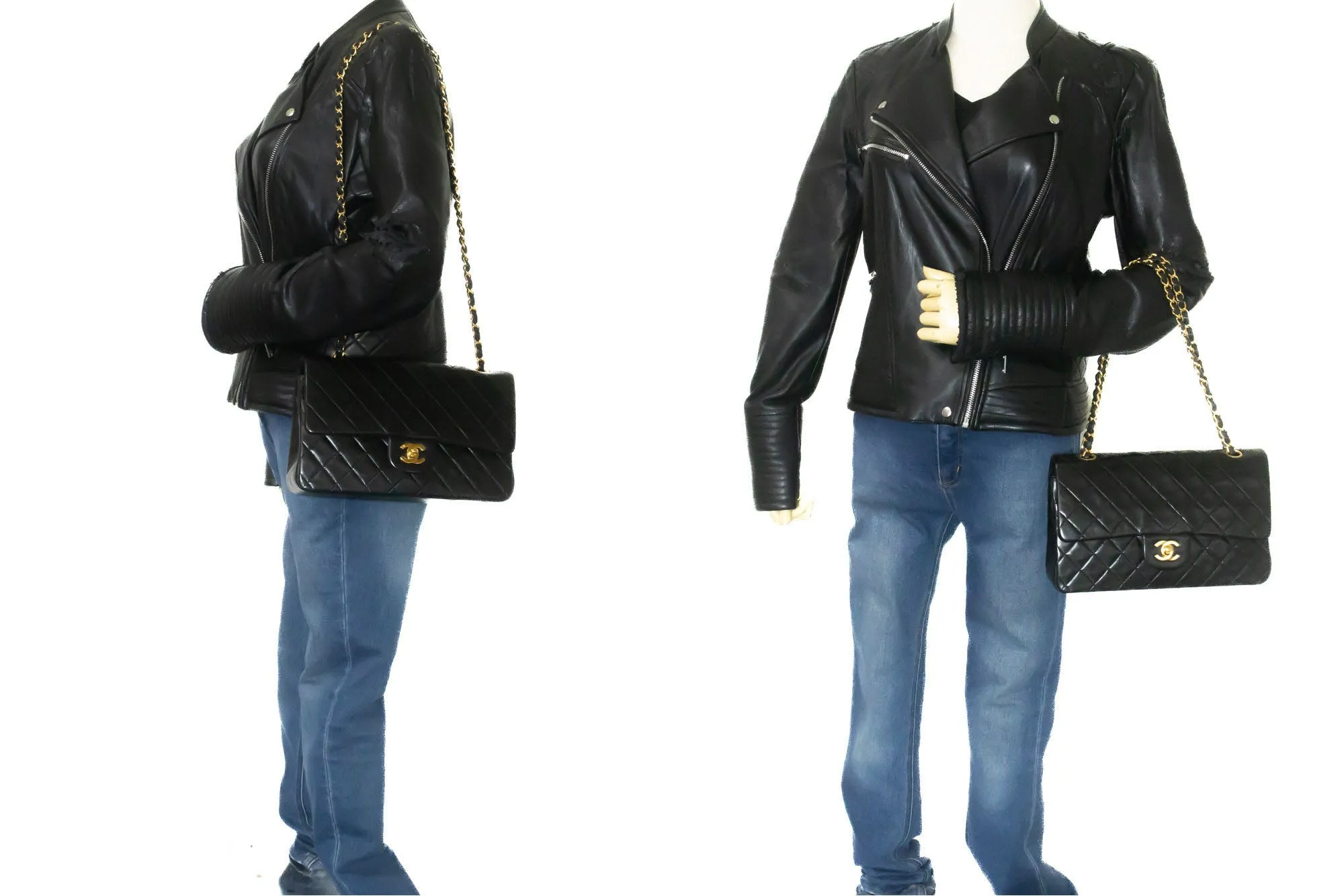 CHANEL Classic Double Flap 10" Chain Shoulder Bag Black Lambskin p59