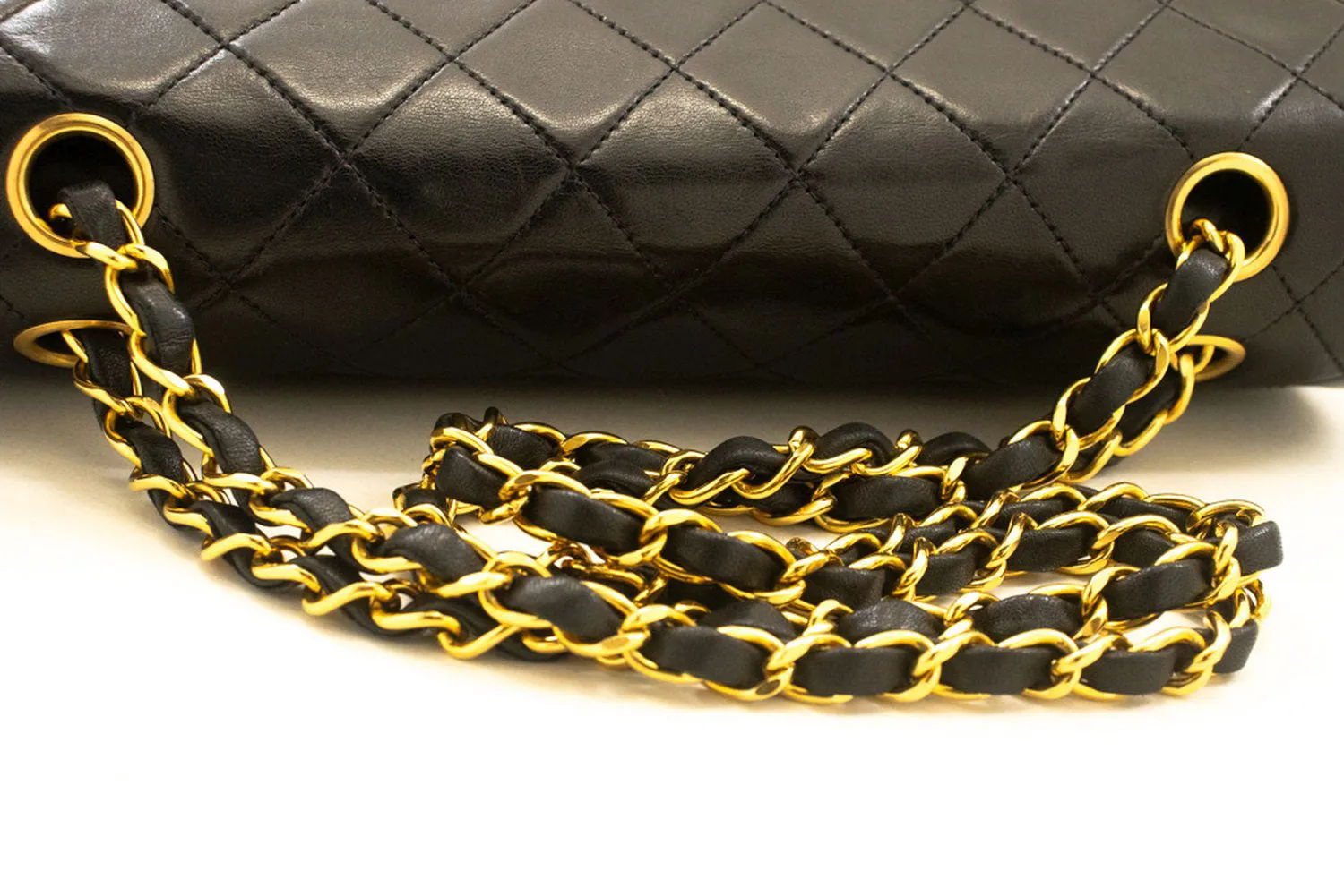 CHANEL Classic Double Flap 10" Chain Shoulder Bag Black Lambskin p59