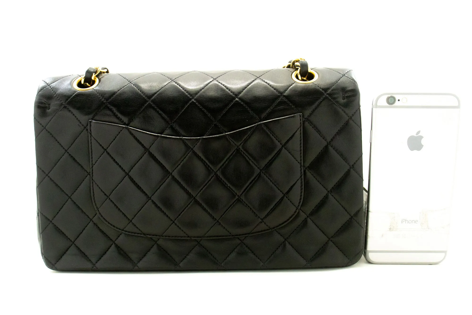 CHANEL Classic Double Flap 10" Chain Shoulder Bag Black Lambskin p59